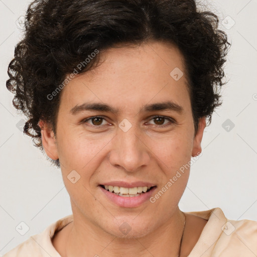 Joyful white young-adult female with short  brown hair and brown eyes