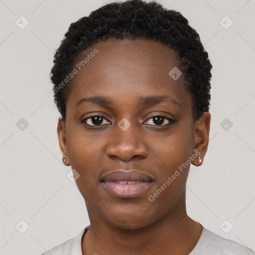 Neutral black young-adult female with short  black hair and brown eyes