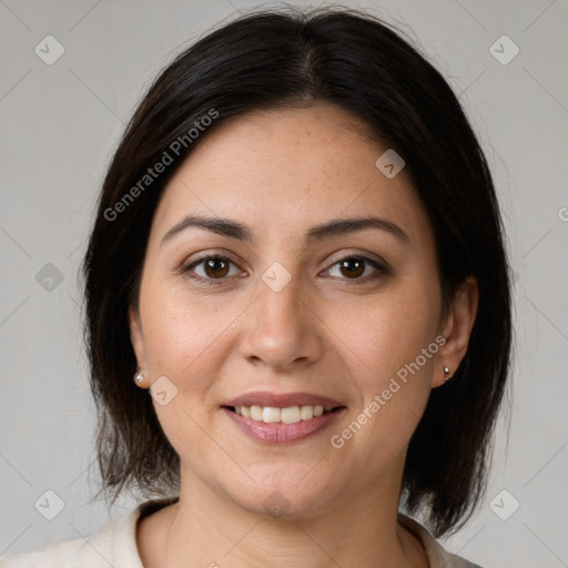 Joyful white young-adult female with medium  brown hair and brown eyes