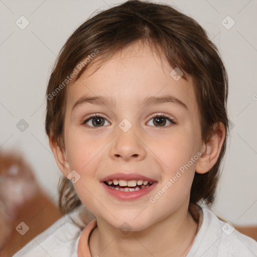 Joyful white child female with medium  brown hair and brown eyes