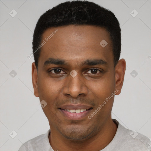 Joyful black young-adult male with short  black hair and brown eyes