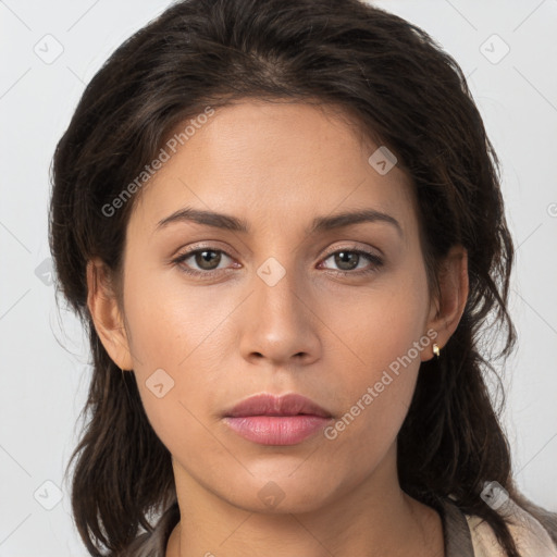 Neutral white young-adult female with medium  brown hair and brown eyes