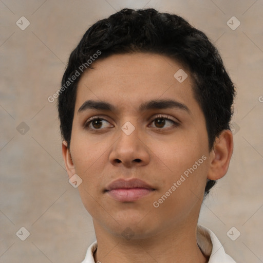 Neutral latino young-adult male with short  black hair and brown eyes