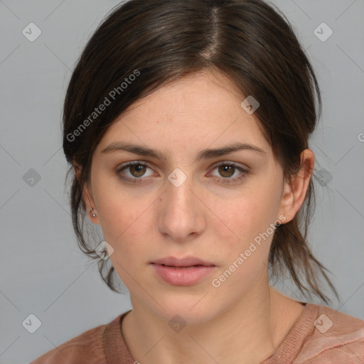 Neutral white young-adult female with medium  brown hair and brown eyes