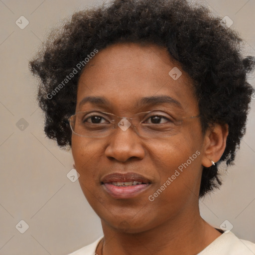 Joyful black adult female with short  brown hair and brown eyes