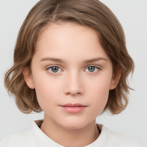 Neutral white child female with medium  brown hair and grey eyes