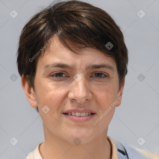 Joyful white young-adult female with short  brown hair and brown eyes