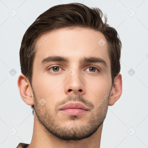 Neutral white young-adult male with short  brown hair and brown eyes