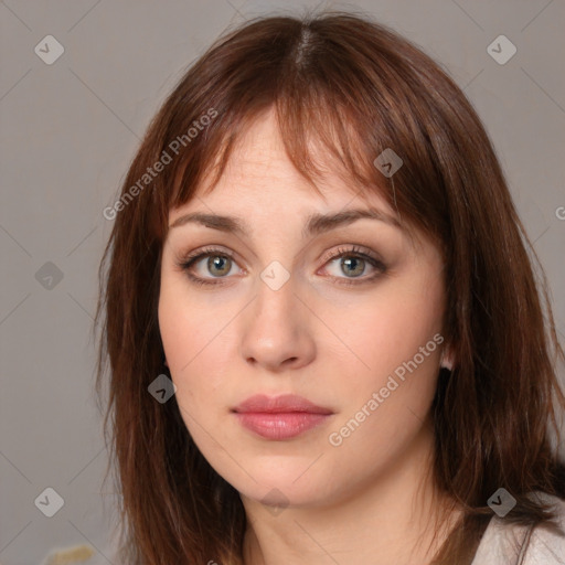 Neutral white young-adult female with medium  brown hair and brown eyes