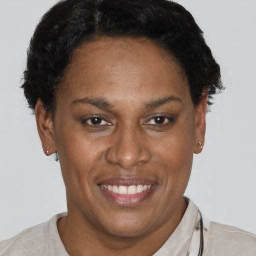 Joyful black adult female with short  brown hair and brown eyes