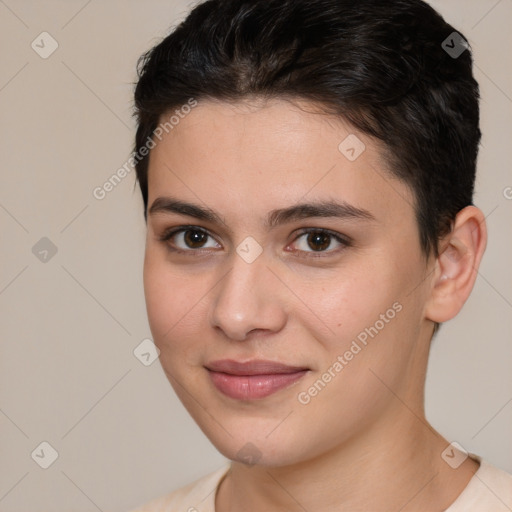 Joyful white young-adult female with short  brown hair and brown eyes