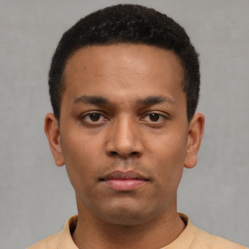 Neutral latino young-adult male with short  brown hair and brown eyes