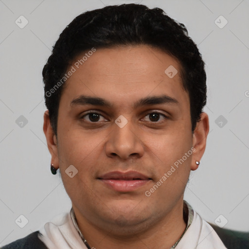 Neutral latino young-adult male with short  black hair and brown eyes