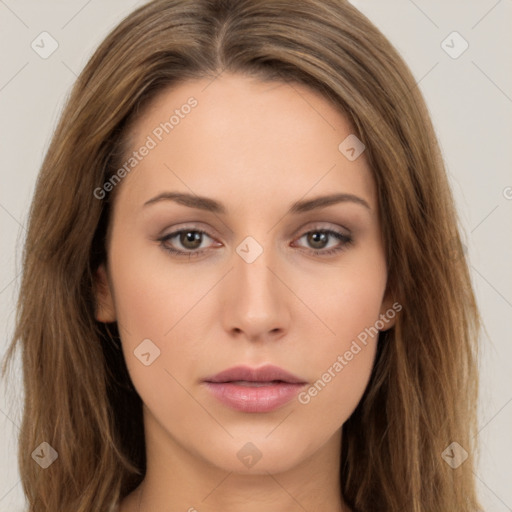 Neutral white young-adult female with long  brown hair and brown eyes