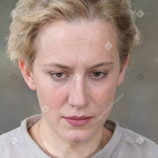 Joyful white adult female with short  brown hair and grey eyes