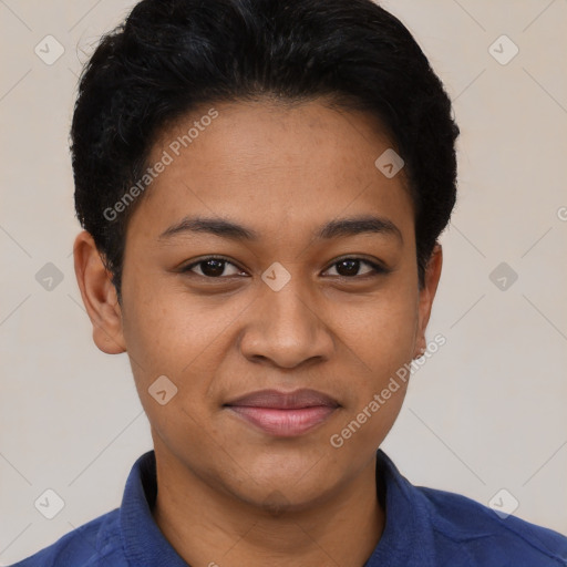 Joyful latino young-adult female with short  black hair and brown eyes