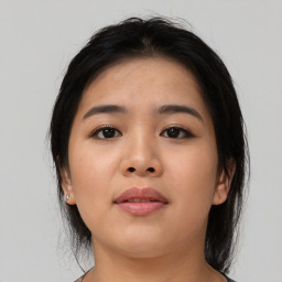 Neutral asian young-adult female with medium  black hair and brown eyes