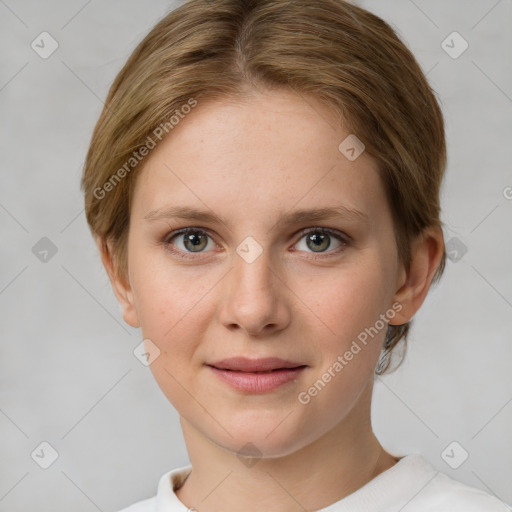 Joyful white young-adult female with short  brown hair and grey eyes