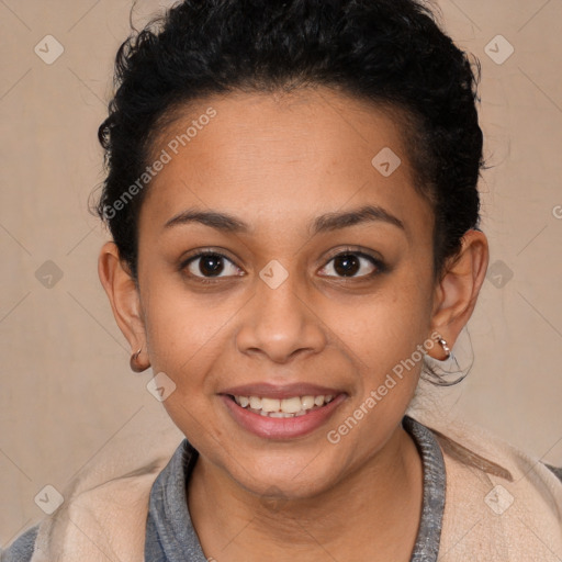 Joyful latino young-adult female with short  brown hair and brown eyes