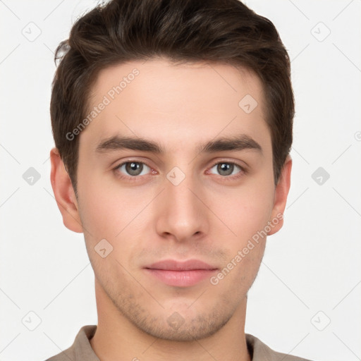 Neutral white young-adult male with short  brown hair and brown eyes