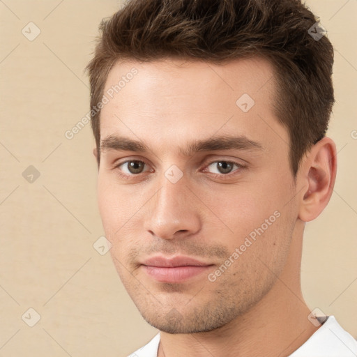 Neutral white young-adult male with short  brown hair and brown eyes