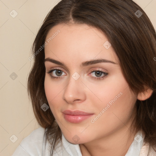 Neutral white young-adult female with medium  brown hair and brown eyes