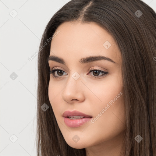 Neutral white young-adult female with long  brown hair and brown eyes