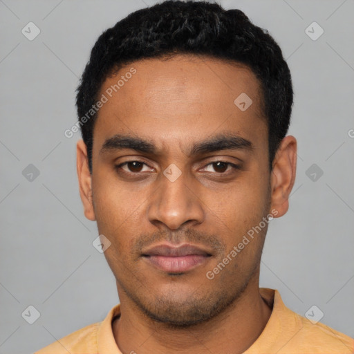 Neutral latino young-adult male with short  black hair and brown eyes