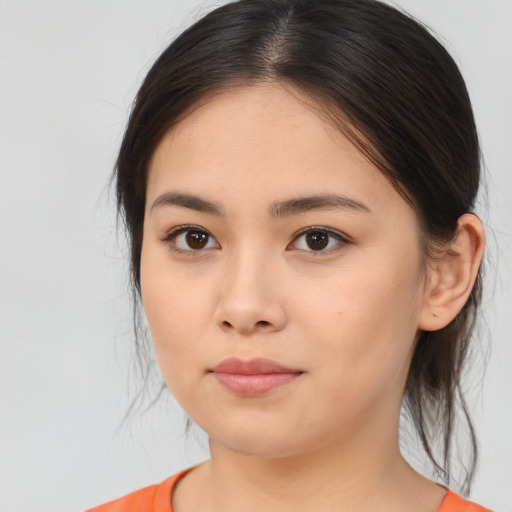 Neutral asian young-adult female with medium  brown hair and brown eyes