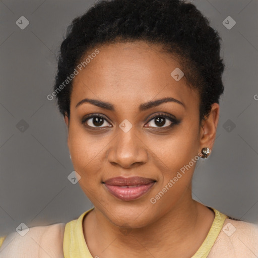 Joyful black young-adult female with short  black hair and brown eyes