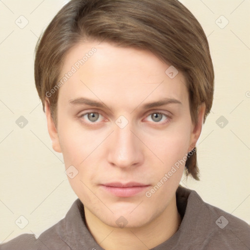 Neutral white young-adult female with short  brown hair and brown eyes