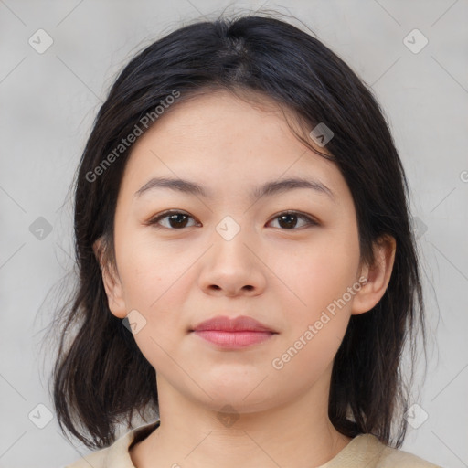 Neutral asian young-adult female with medium  brown hair and brown eyes