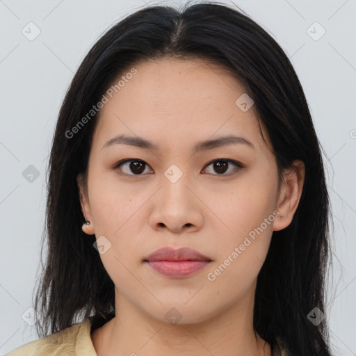 Neutral asian young-adult female with long  brown hair and brown eyes