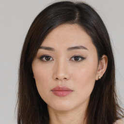 Neutral asian young-adult female with long  brown hair and brown eyes