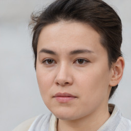 Neutral white young-adult female with short  brown hair and brown eyes