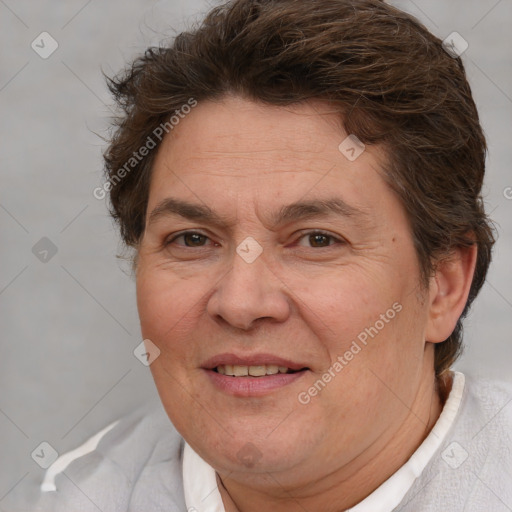 Joyful white adult female with short  brown hair and brown eyes