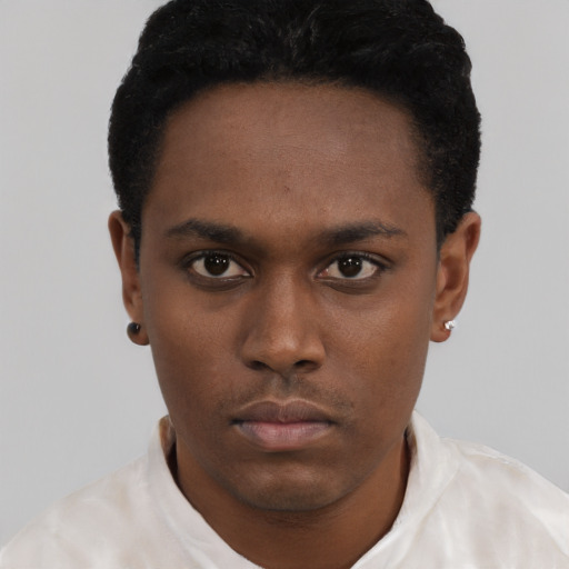 Neutral black young-adult male with short  black hair and brown eyes