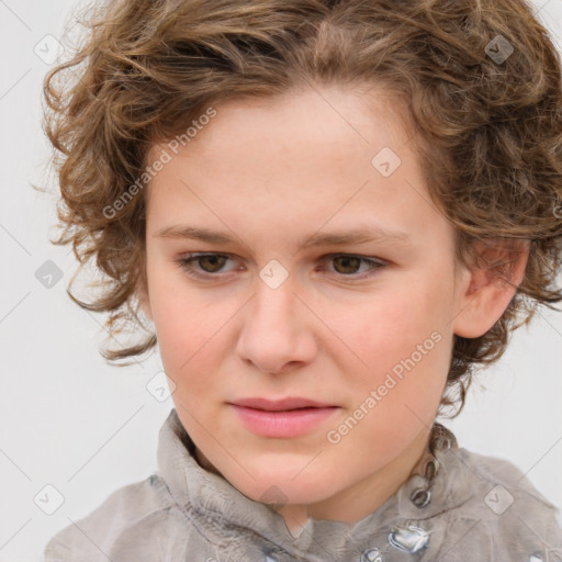 Joyful white child female with medium  brown hair and brown eyes