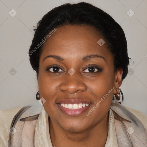 Joyful black young-adult female with medium  black hair and brown eyes