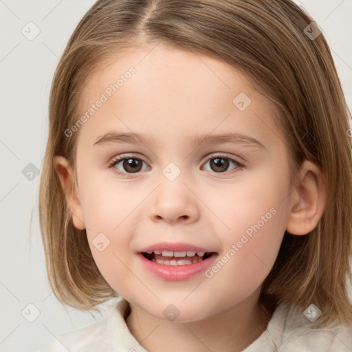 Joyful white child female with medium  brown hair and brown eyes