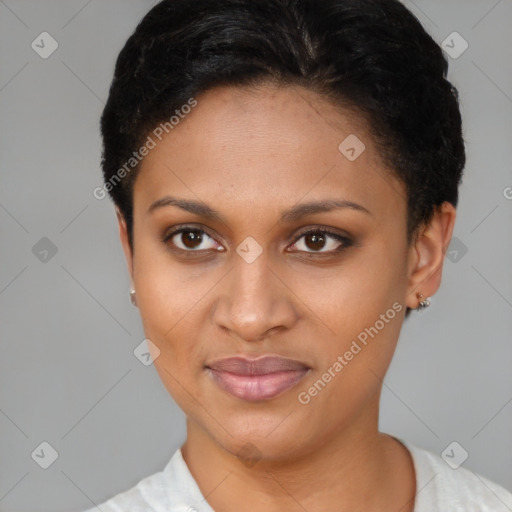 Joyful latino young-adult female with short  brown hair and brown eyes