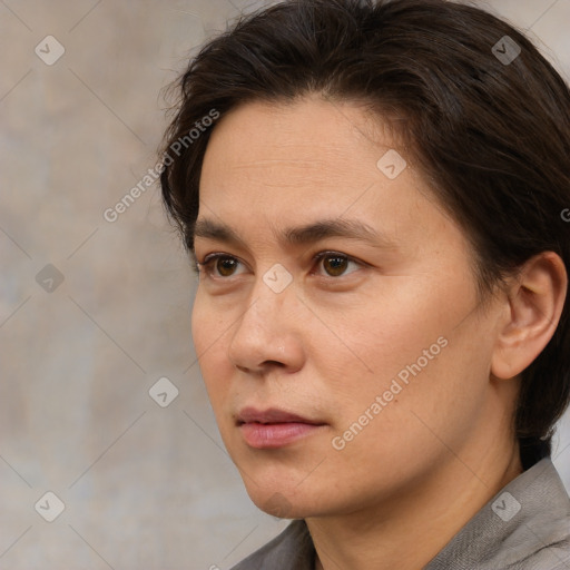 Neutral white adult female with medium  brown hair and brown eyes