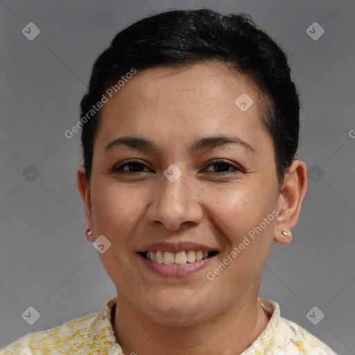 Joyful white adult female with short  brown hair and brown eyes