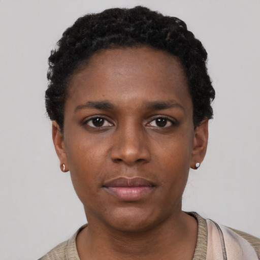 Neutral black young-adult female with short  black hair and brown eyes