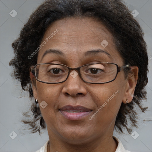 Joyful black adult female with medium  brown hair and brown eyes