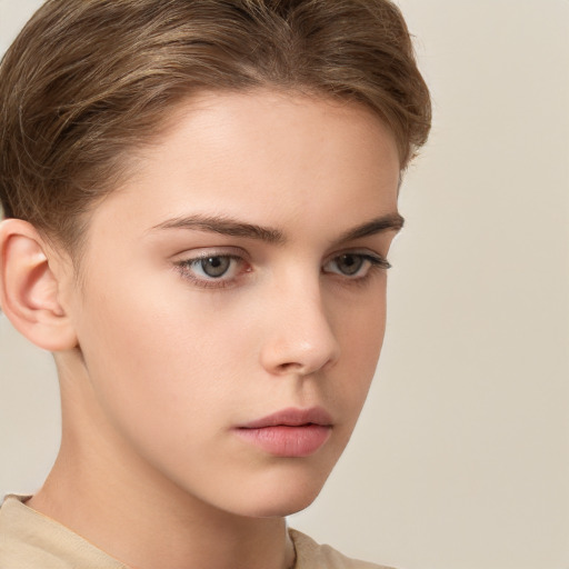 Neutral white young-adult female with short  brown hair and brown eyes