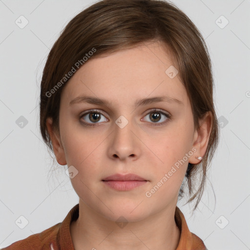 Neutral white young-adult female with medium  brown hair and grey eyes