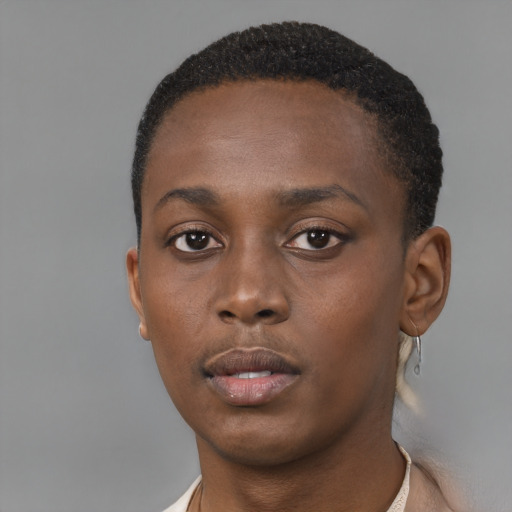 Neutral black young-adult female with short  brown hair and brown eyes