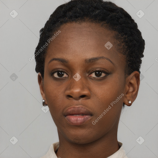 Neutral black young-adult female with short  brown hair and brown eyes