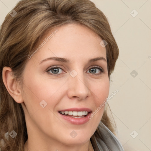 Joyful white young-adult female with long  brown hair and grey eyes